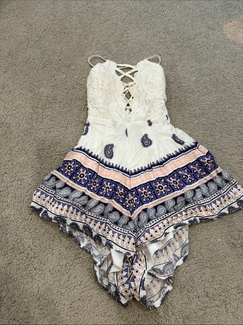 White Lace Bodice Paisley Print Romper